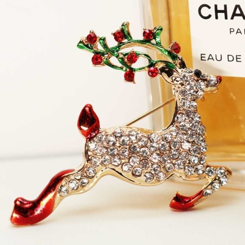 Rudolph the Red-Nosed Reindeer Brooch Cubic Zirconia Encrusted Holiday Pin 🦌 - Picture 12 of 12